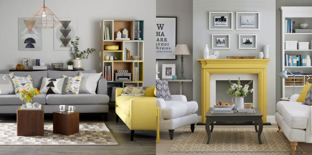 Living area showing grey sofa, yellow lounge chair, bookshelves, modern pendant light and fireplace painted in yellow paint showing white lounge chairs, home decors and artworks.