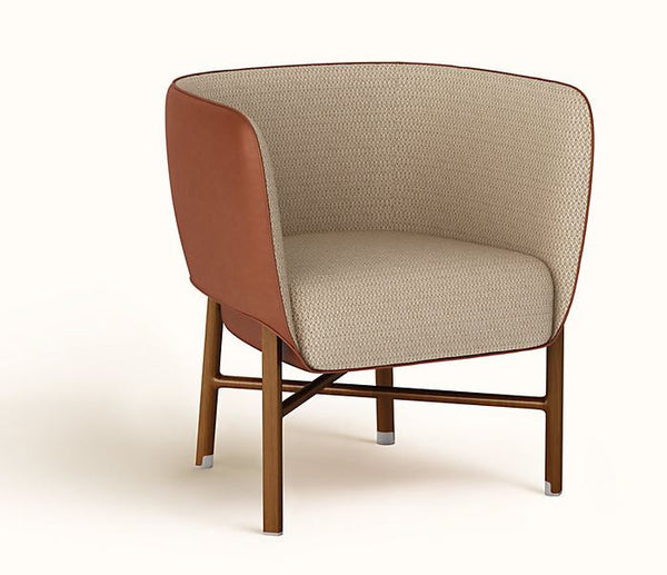 Hermes designed lounge chair with medium high back in upholstered leather brown fabrics and wooden legs