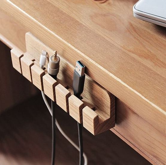 Office table with cable management hooks, USB cables, wooden office table