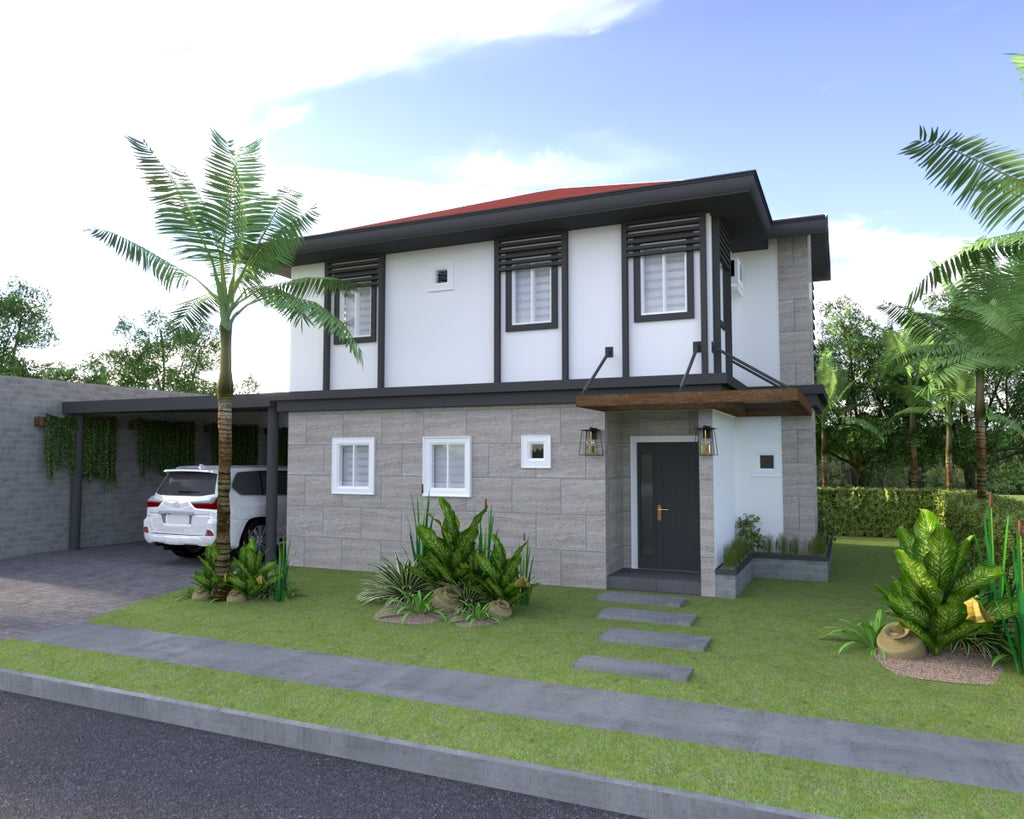 front facade showing garage travertine wall white painted walls and wood accents