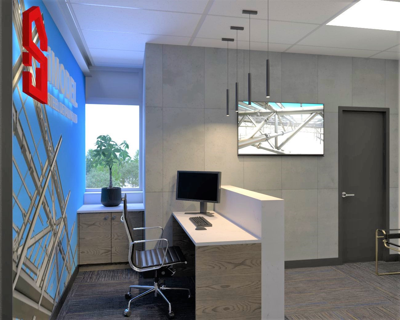 rendering of the reception area of the new office with concrete walls, exposed metal beams and new carpet tiles