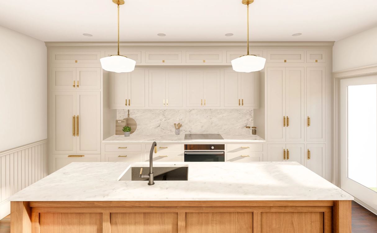 kitchen rendering with white shaker cabinet doors white quartz countertop gold handles and gold and white pendant lights on island counter