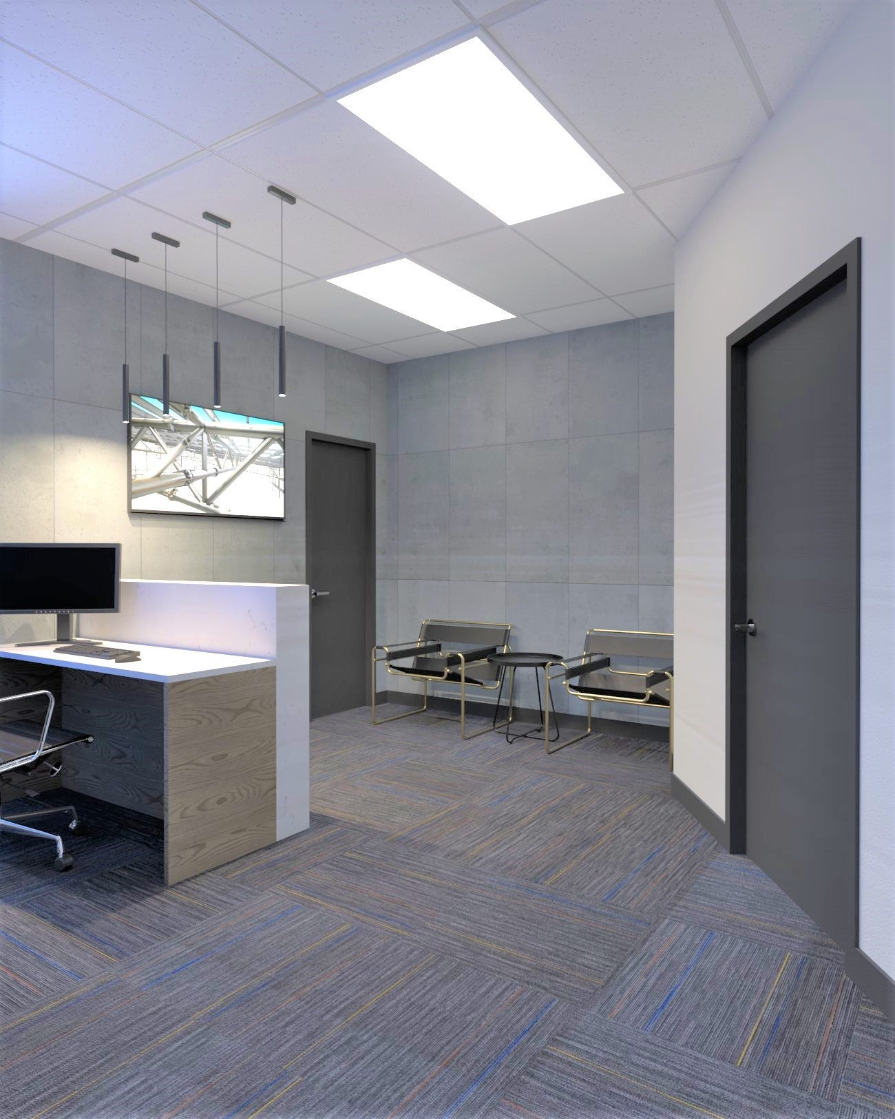 rendering of the reception area of the new office with concrete walls, exposed metal beams and new carpet tiles