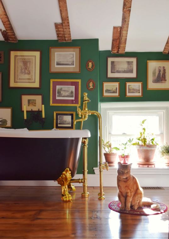 Bathroom interior with green walls gallery walls with old framed photos, free standing bathtub with cat