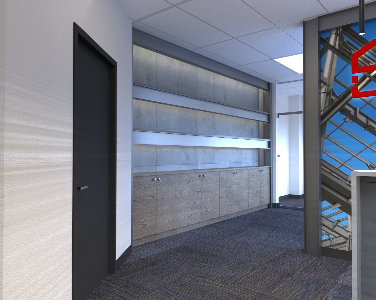 rendering of the reception area of the new office with concrete walls, exposed metal beams and new carpet tiles