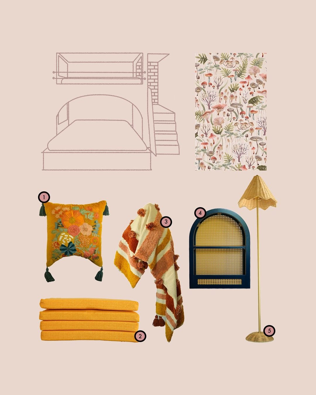 mood board for bunk room with patterned pillows, wallpaper, lamp shade, rattan and blanket