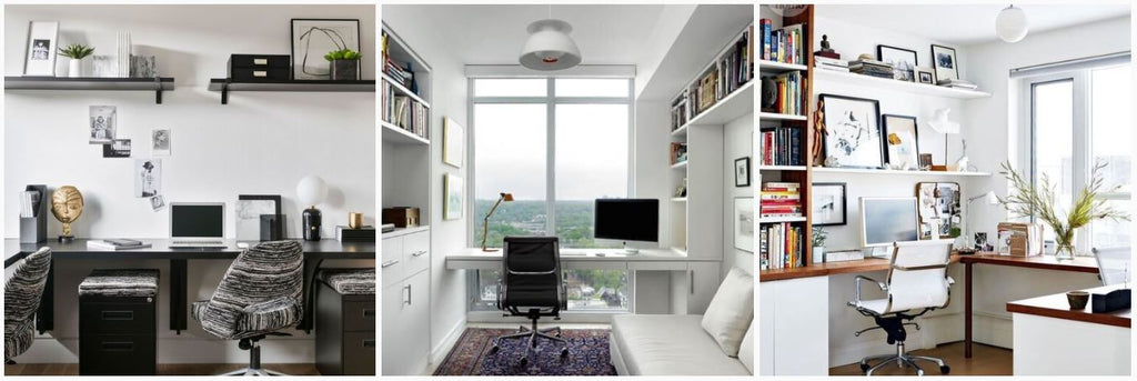 Home office with black table and upholstered office chair, black and white shelves, home decors, books, are rugs, big windows