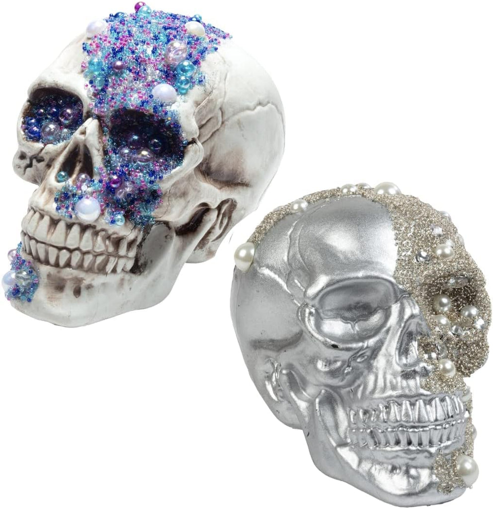 Halloween Pirate Treasure Skulls - 2 Pk, 8" Human Heads with Gem Studded Rhinestones - Indoor Home Decorations, Skeleton Prop Sculptures- Fall Party Decor for Haunted Houses Gothic Bone Table Statue