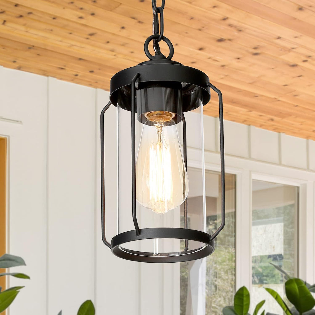 Outdoor Pendant Light, Matte Black Exterior Hanging Lantern, Anti-Rust Outdoor Hanging Light Fixture with Clear Glass, Farmhouse Outdoor Porch Chandelier for Gazebo, Patio, Yard