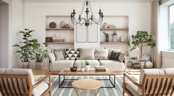 Living room with white walls and niche type shelving's with classic black iron chandelier wood and upholstered sofa and accent chairs printed are rug and neutral color home decors with indoor plants