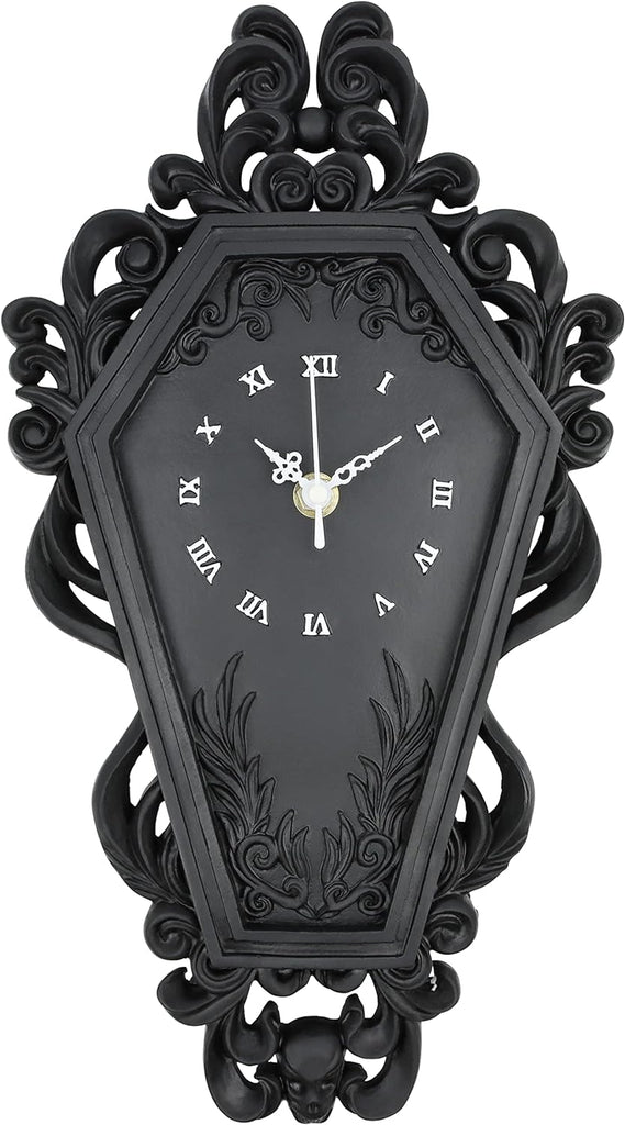 Dravira Coffin Wall Clock - Gothic Home Decor - Baroque Black Resin - Steampunk Skull - Medium Size