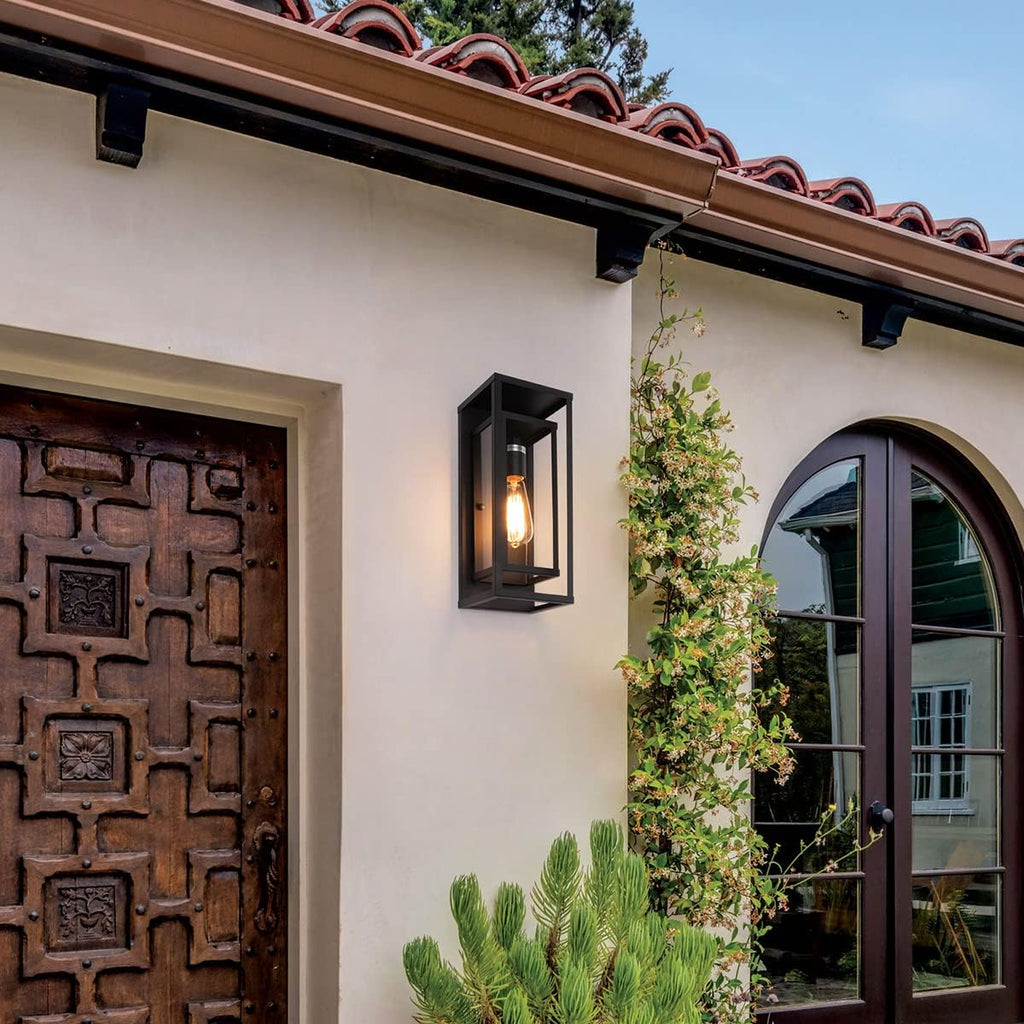 Classic Outdoor Wall Sconce 1 Light in Matte Black Rectangular Metal Frame and Clear Glass Shade Waterproof Porch Light Patio Light
