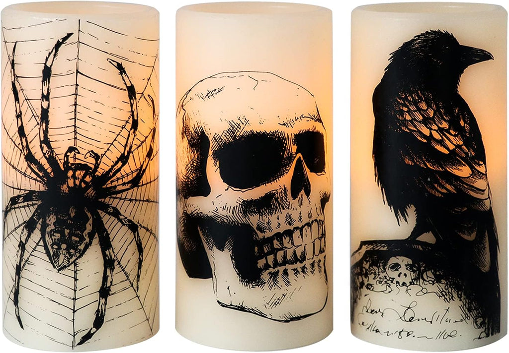 Halloween Flickering Candles with Skull, Spider Web, Crow Raven