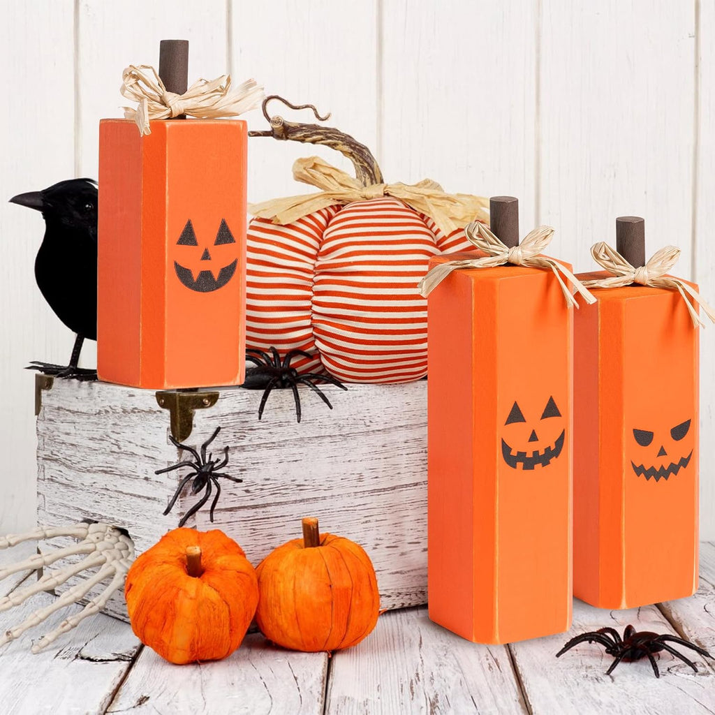 Fall Pumpkin Tiered Tray Decoration, Halloween Reversible Wooden Standing Block Set