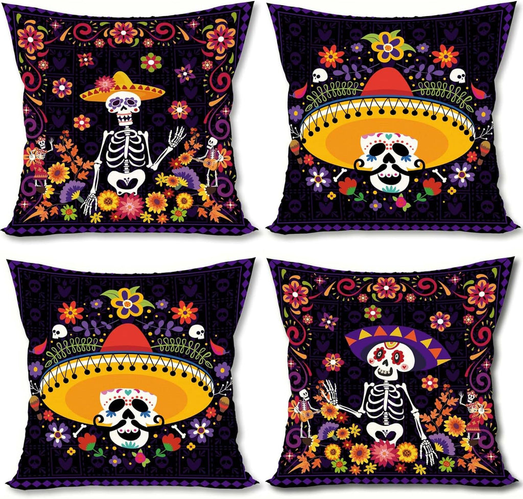 Day of The Dead Pillow Covers Dia De Los Muertos Sugar Skull Flower Throw Pillow Covers