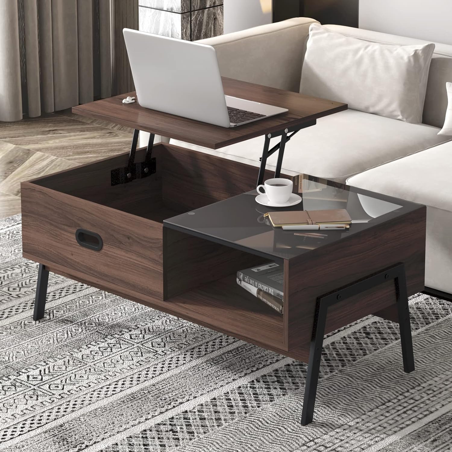 Coffee Table Modern Lift top Coffee Table with Drawer, Pop Up Coffee Table with Hidden and Open Compartment