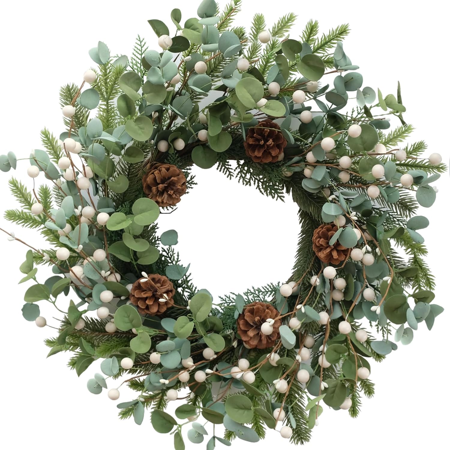 Idyllic Eucalyptus Wreath for Front Door,20" White Berries Christmas Wreath with Pine Cones, Decorations for Everyday Farmhouse Window Outdoor/Indoor