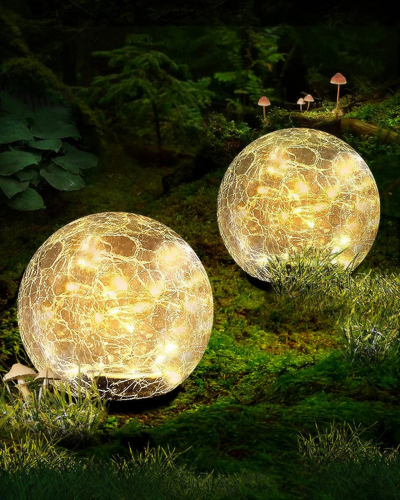 Garden Solar Ball Lights Outdoor Waterproof, 50 LED Cracked Glass Globe Solar Power Ground Lights for Path Yard Patio Lawn, Halloween Christmas Decoration Landscape Warm White