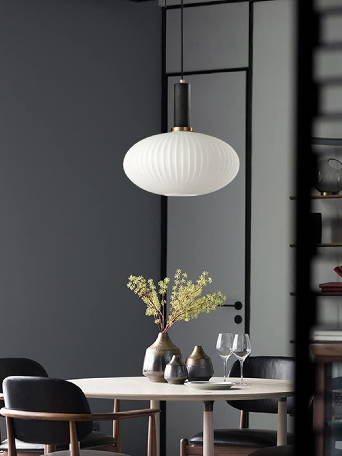 Modern Pendant Lights, Black Lamp Holder Pendant Light Socket White Glass Pendant Lamp Shade,LED Hanging Light (Black, Large)