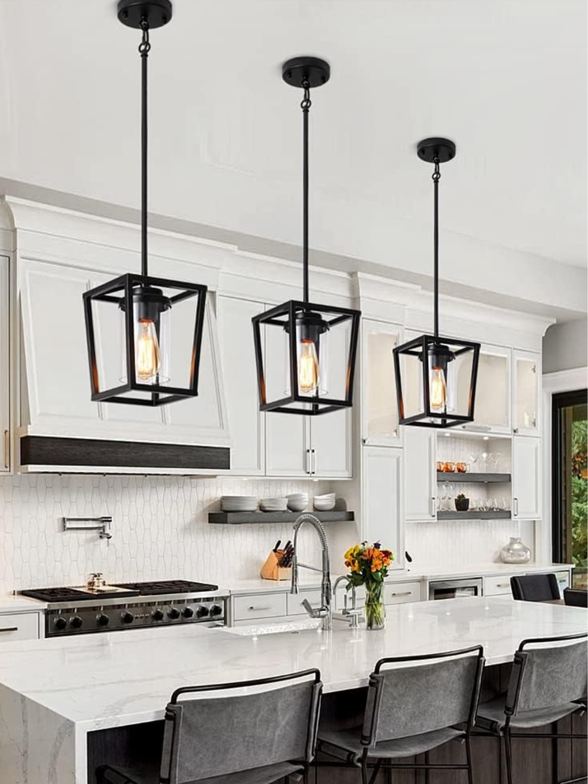 Black Pendant Light Farmhouse Chandeliers Modern Kitchen Island Light Fixtures Square Pendant Light Ceiling Hanging Dinning Room Light Over Sink with Sturdy Glass Shade