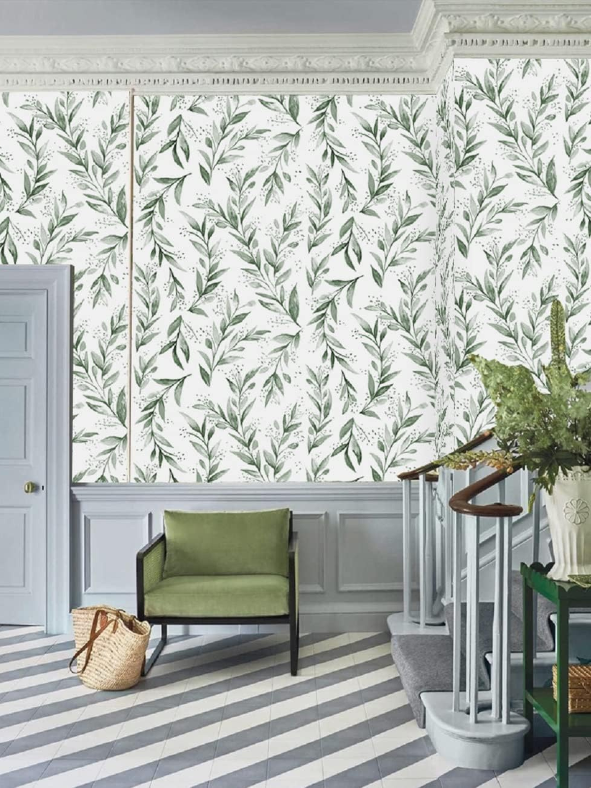 Vinyl Peel and Stick Wallpaper Olive Leaf, Green/White Removable Self Adhesive Wallpaper Watercolor Leaves Wall Paper Sticky for Bedroom Shelf Liner 17.3 inch x 196.7inch