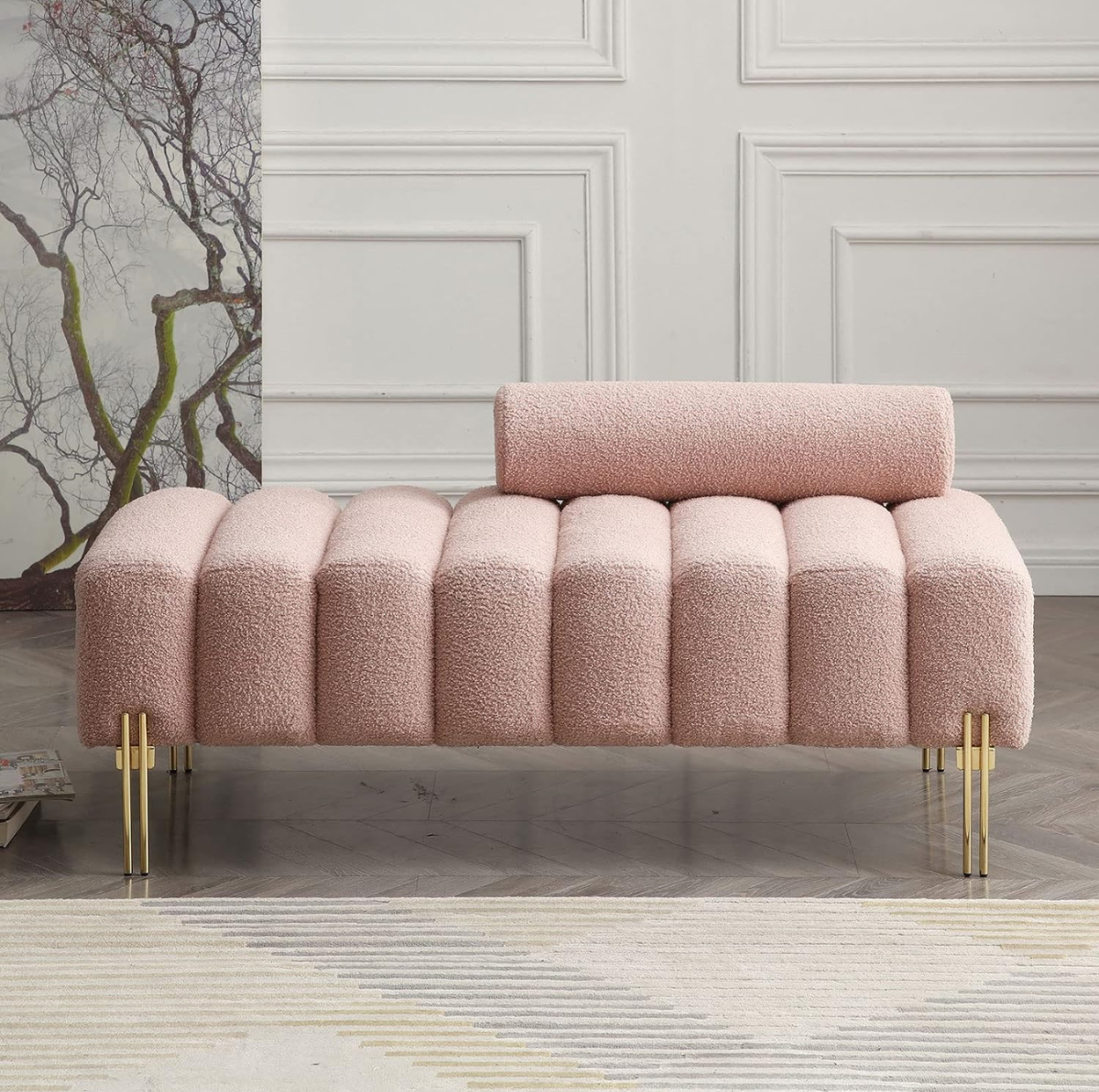 Sherpa Bedroom Bench, Channel Tufted Ottoman End of Bed Bench, Modern Upholstered Entryway Bench, Boucle Accent Bench Seat with Adjustable Back for Living Room, Hallway, Foyer(Pink)