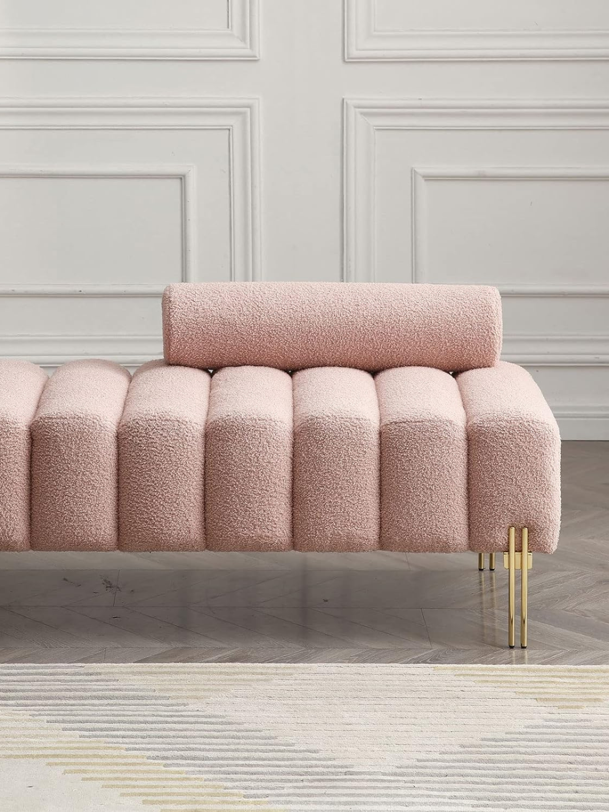 Sherpa Bedroom Bench, Channel Tufted Ottoman End of Bed Bench, Modern Upholstered Entryway Bench, Boucle Accent Bench Seat with Adjustable Back for Living Room, Hallway, Foyer(Pink)