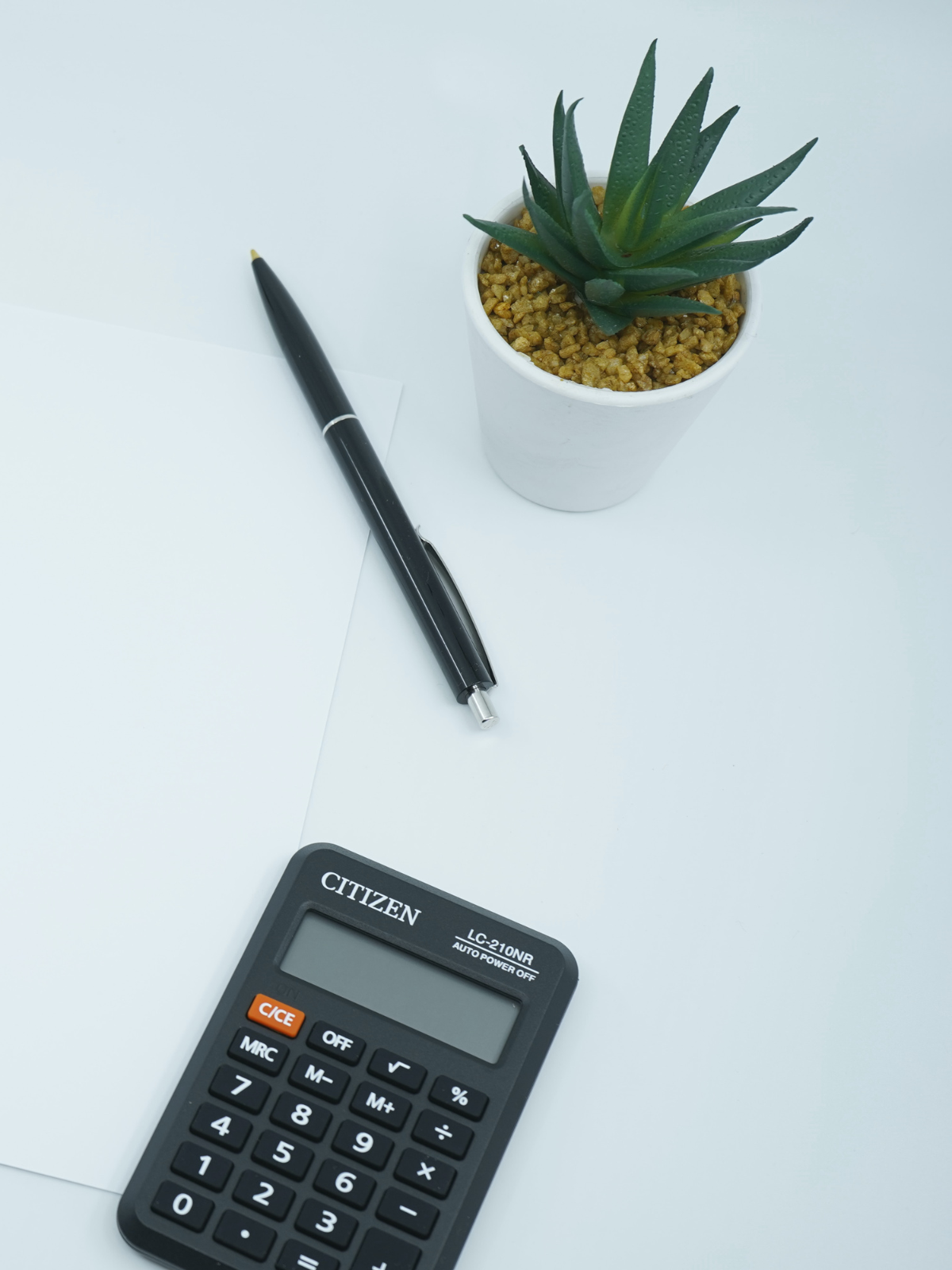 calculator pen and faux plant