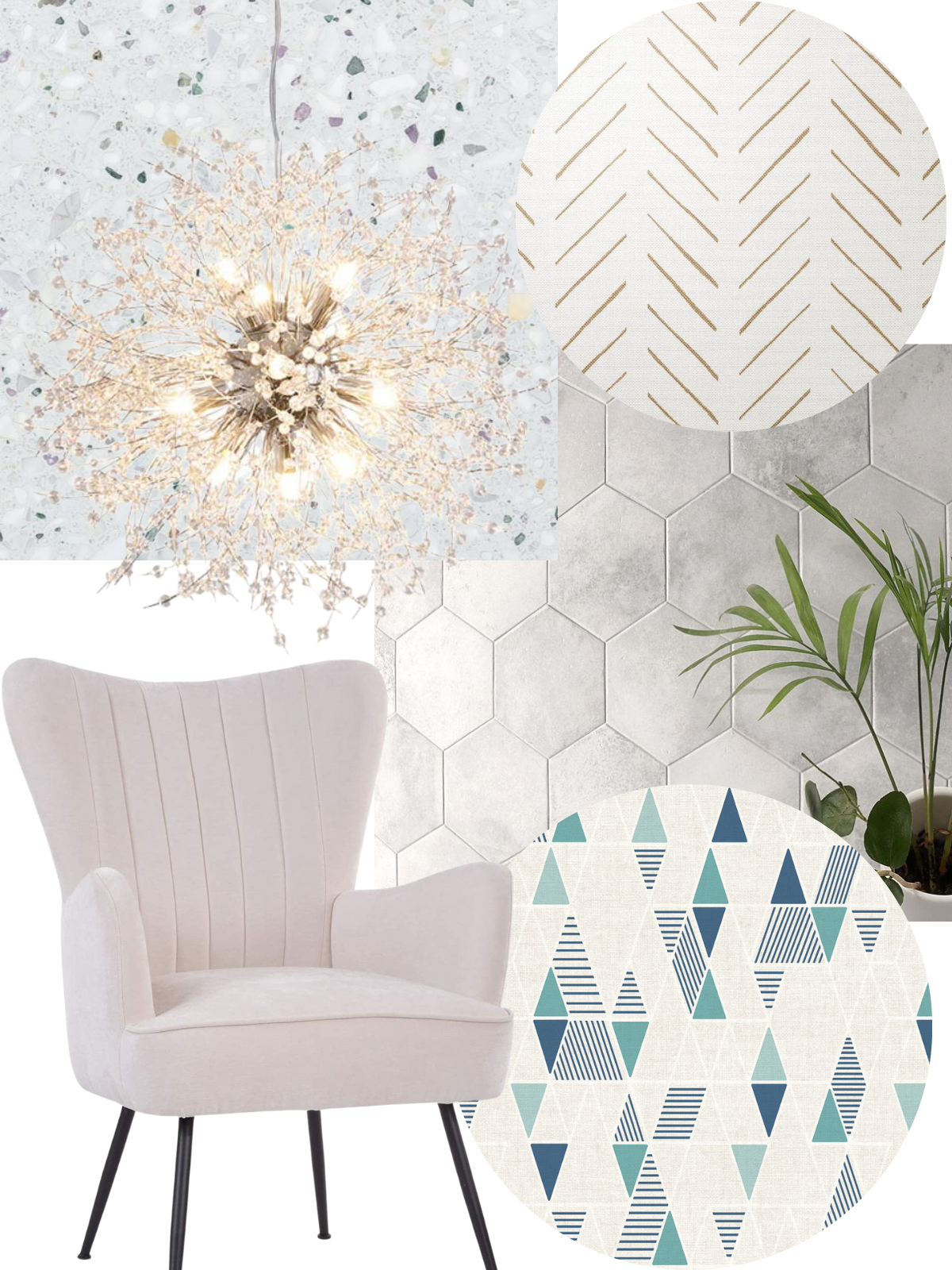 mood board showing wall finishes, lounge chair, chandelier