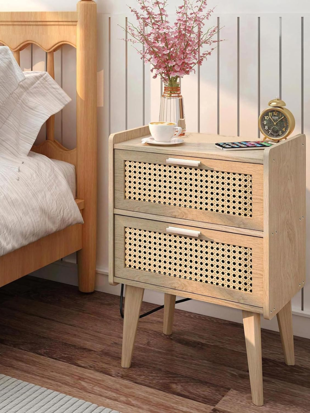 Rattan Nightstand, Side Table with Drawers, Boho Desk, Side Table, End Table, Rattan Furniture, Bed Side Table for Bedroom, Living Room, Dormitory