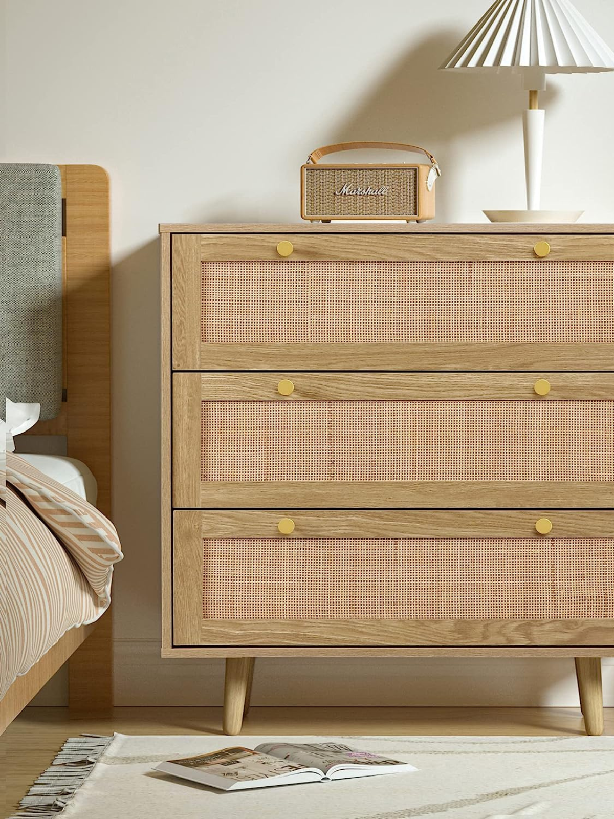 Rattan Dresser for Bedroom, Modern Wood 3 Drawer Dresser Chest of Drawer with Rattan Doors Large Storage Space