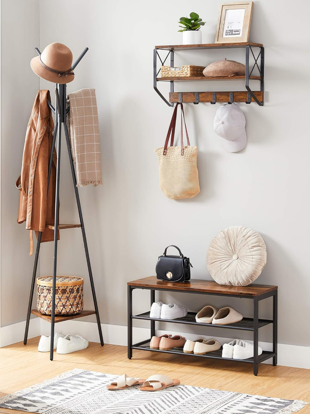 Coat Rack, Coat Tree, Hall Tree Free Standing, 2 Shelves, Rustic Brown and Black