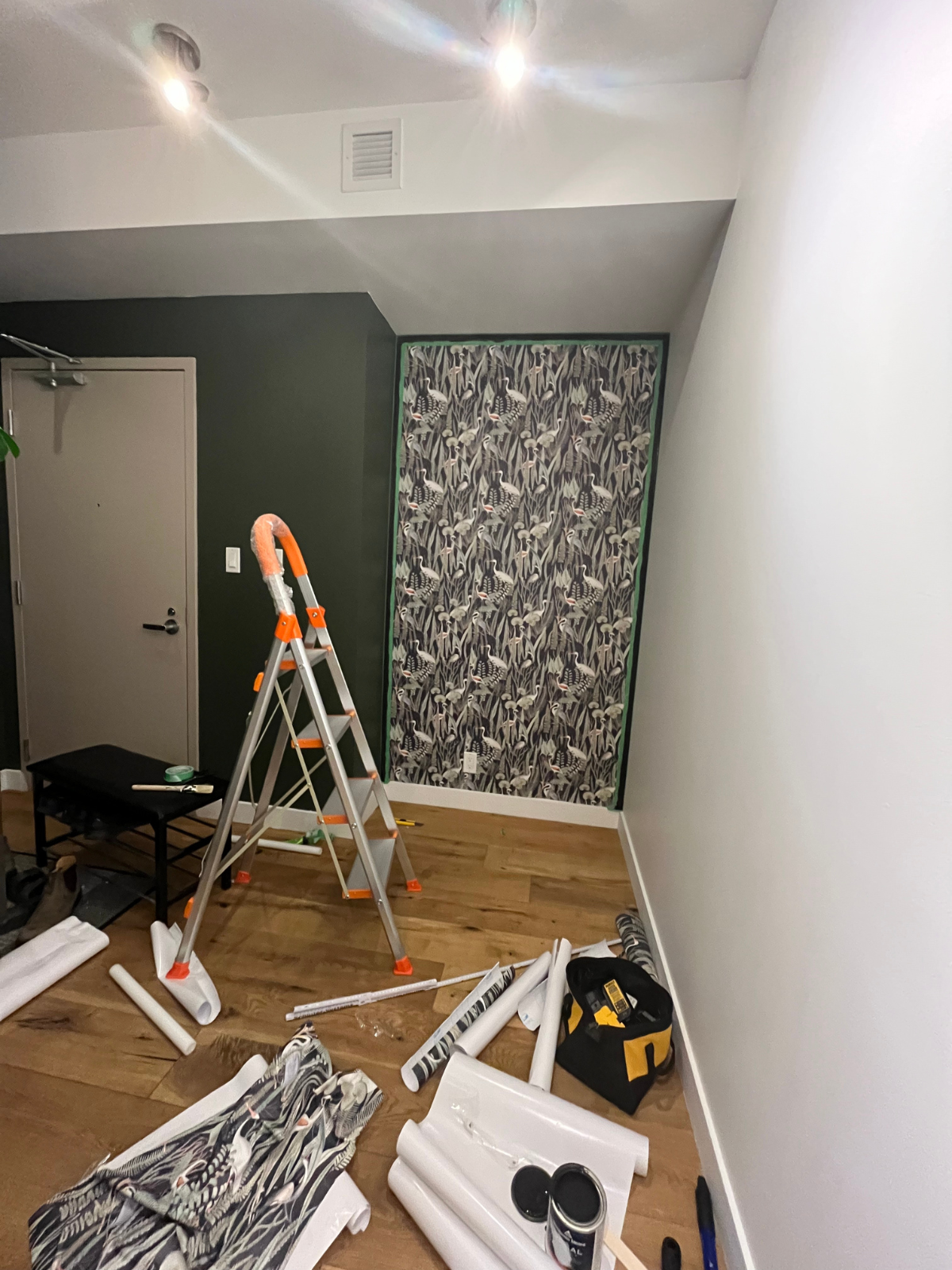foyer makeover with new wall paints and patterned wallpaper