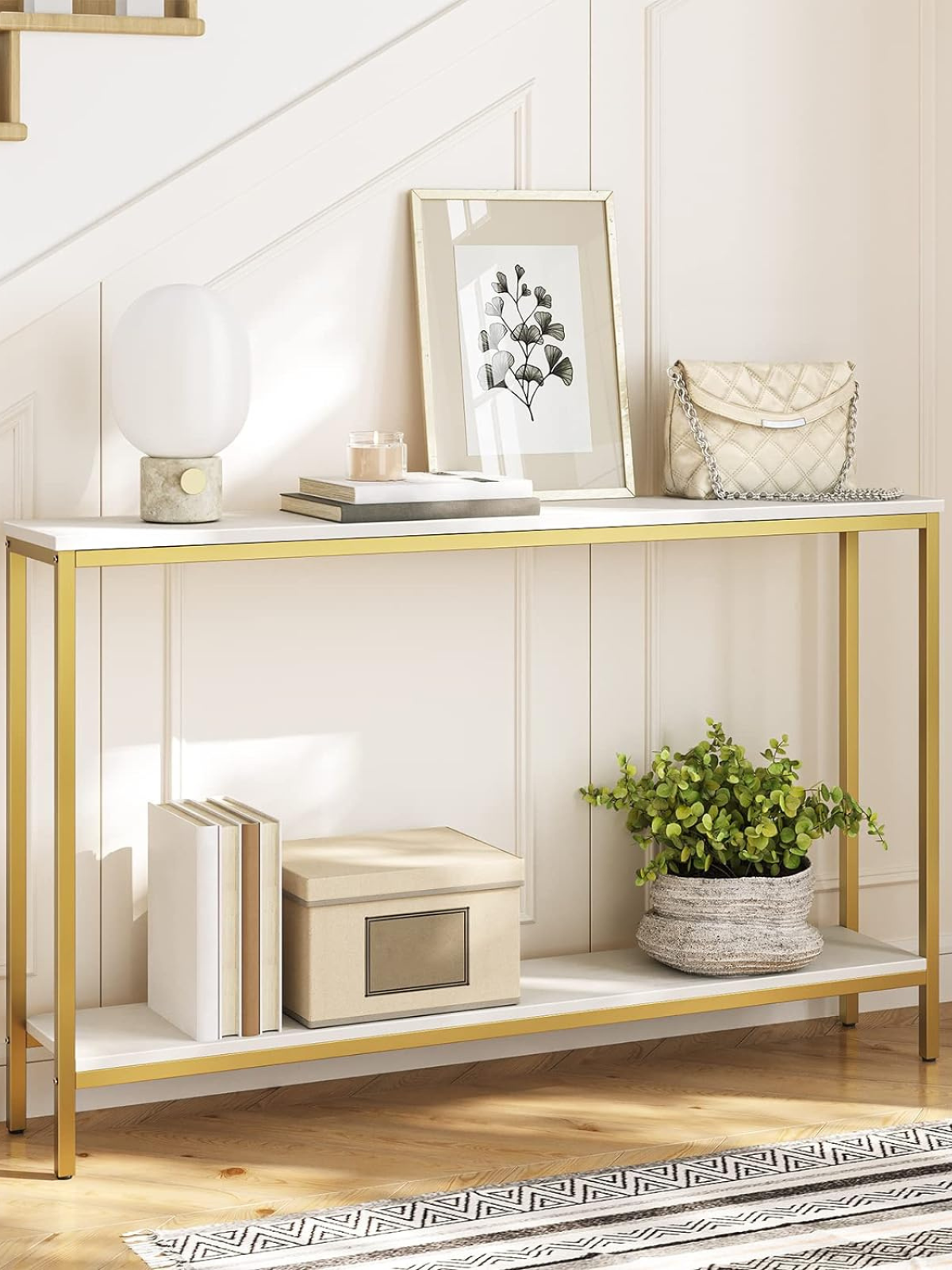 Console Table, Narrow Long Entryway Table, 2-Tier Sofa Table with Open Storage Space, Modern Industrial Hallway Table, for Living Room, Corridor, Foyer, Entrance, White and Gold