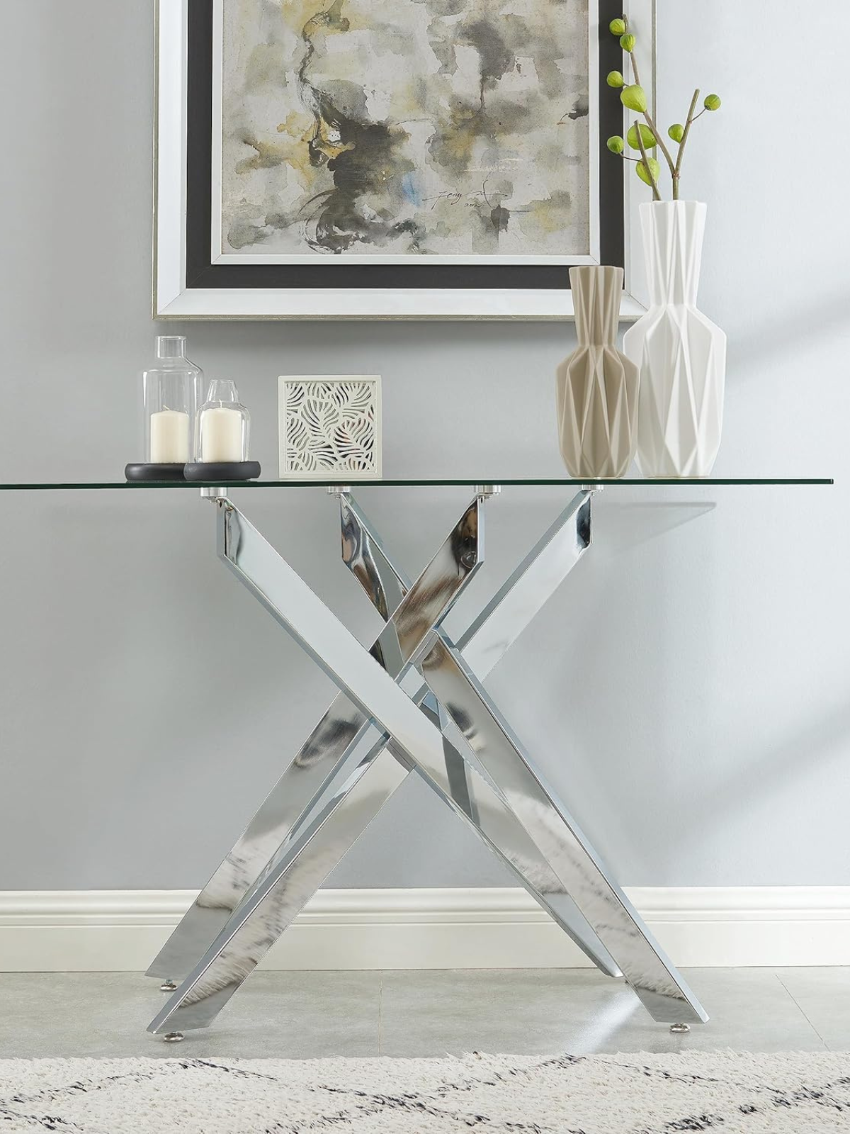 Modern Style Console Table Narrow Sofa Table with Tempered Glass Top and Metal Tubular Legs