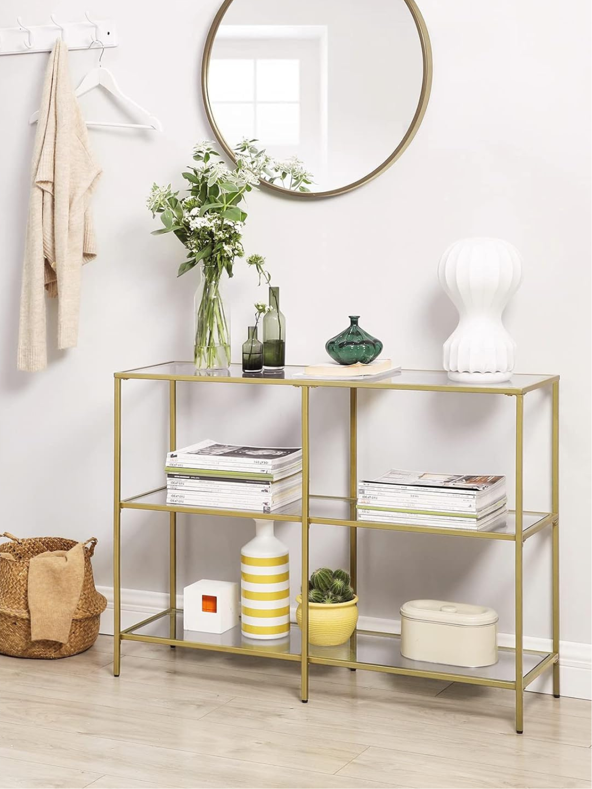 Console Sofa Table with 3 Shelves, Entryway Table with Tempered Glass Shelf, Gold Color