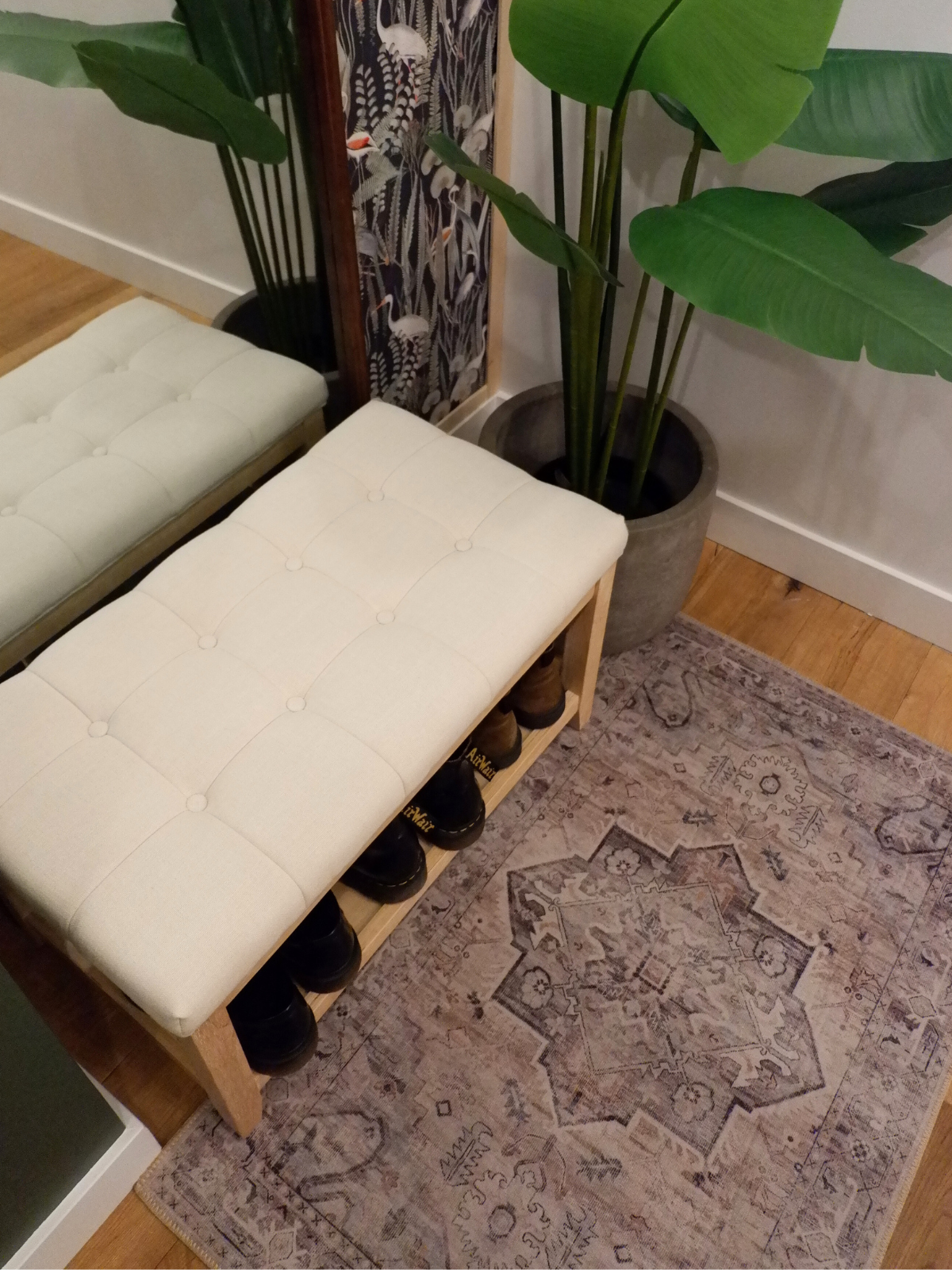 bench with upholstered seat and wooden legs and with shoe storage