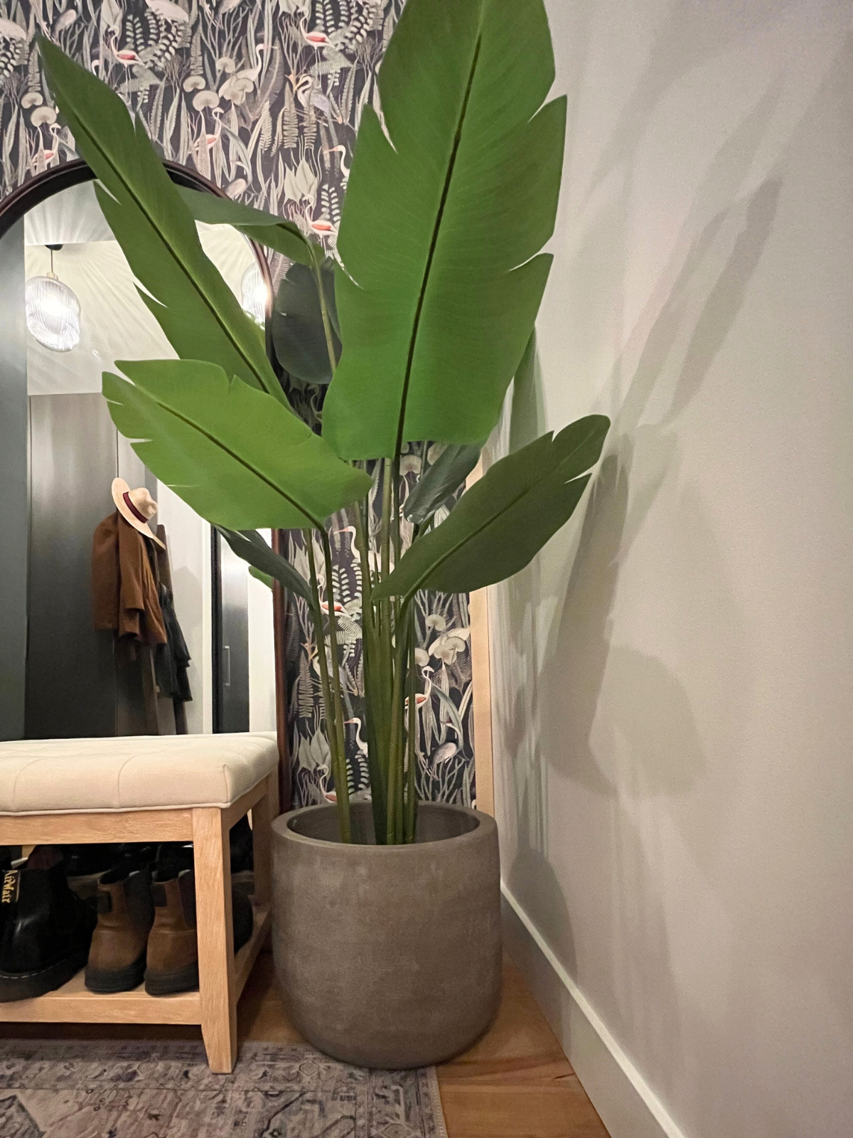 faux banana plant with concrete pot