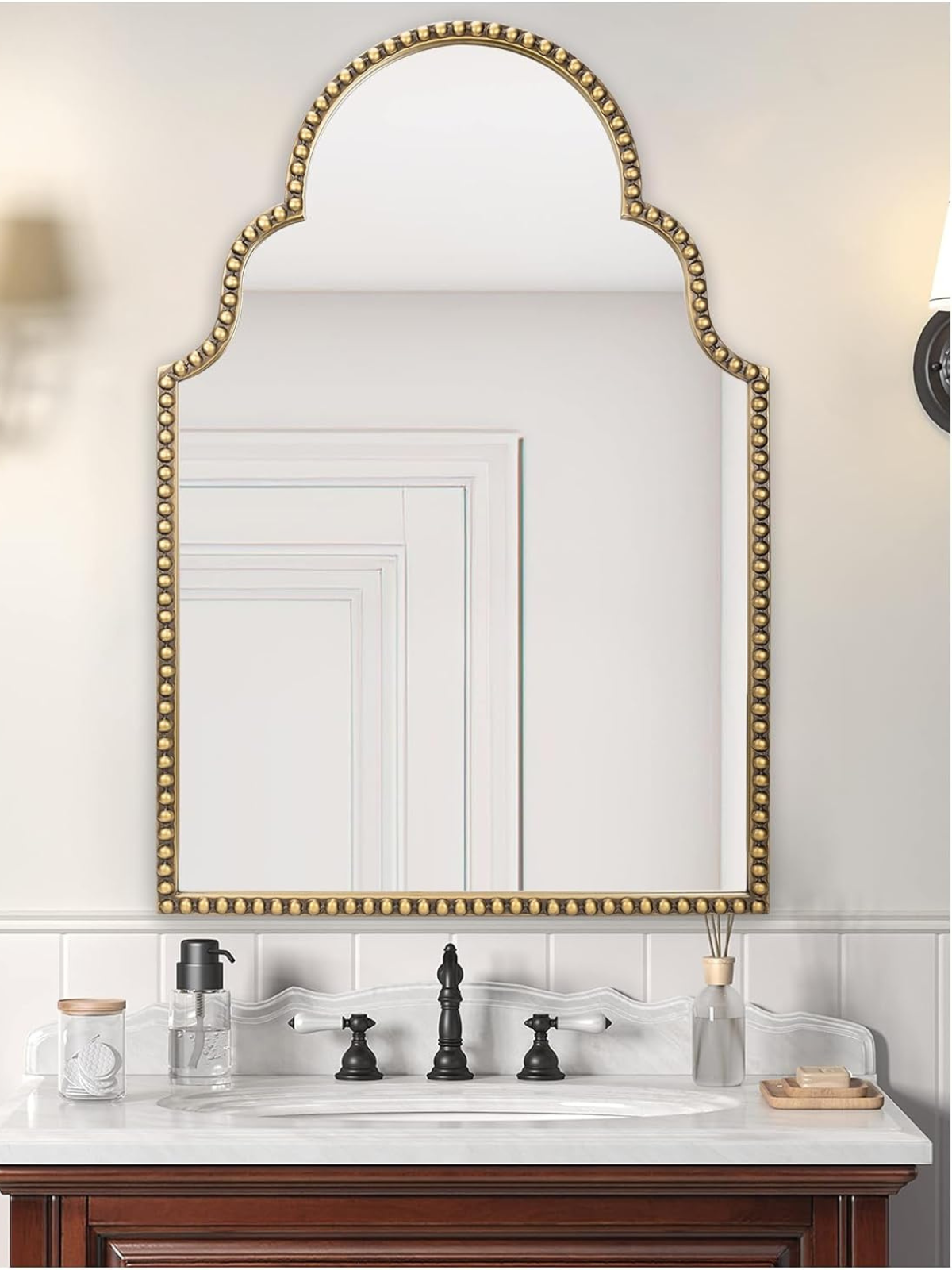 Arch Wall Mirror, 24" x 36" Antique Gold Scalloped Bathroom Mirror, Metal Beaded Frame Accent Decorative Mirror for Entryway, Living Room, Bedroom