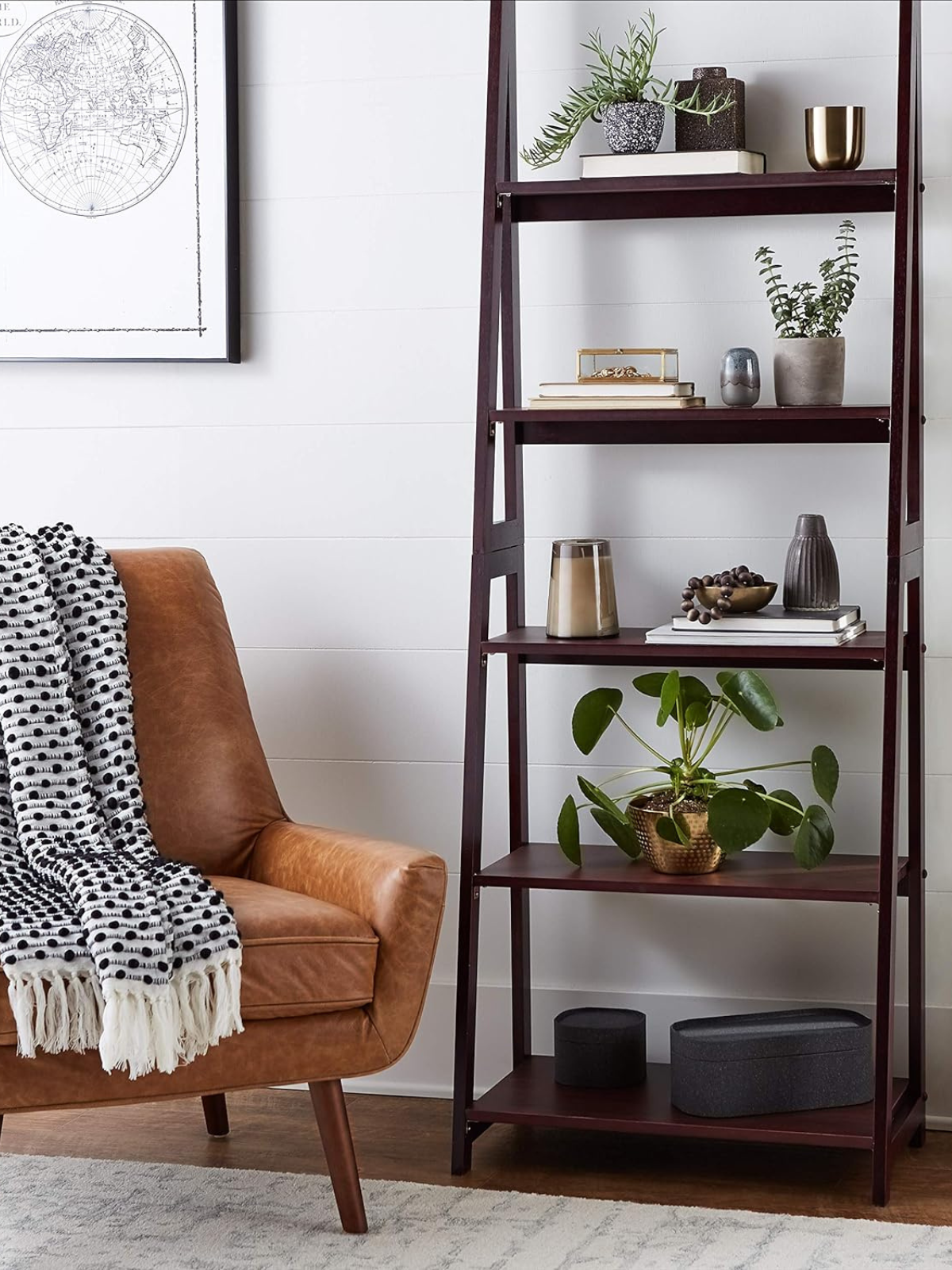 Modern Ladder Bookcase With Solid Rubber Wood Frame - Walnut