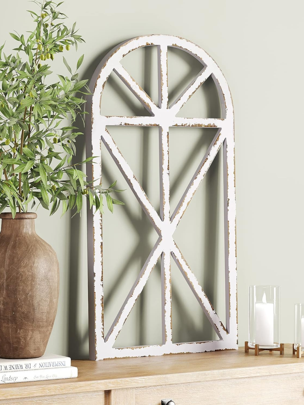 Rustic Wood Window Frame Wall Decor, Decorative Wooden Cathedral Arch, Farmhouse Wall Art Home Decoration, Distressed White Finish, 80 x 40 x 2.5cm (2 Pack)