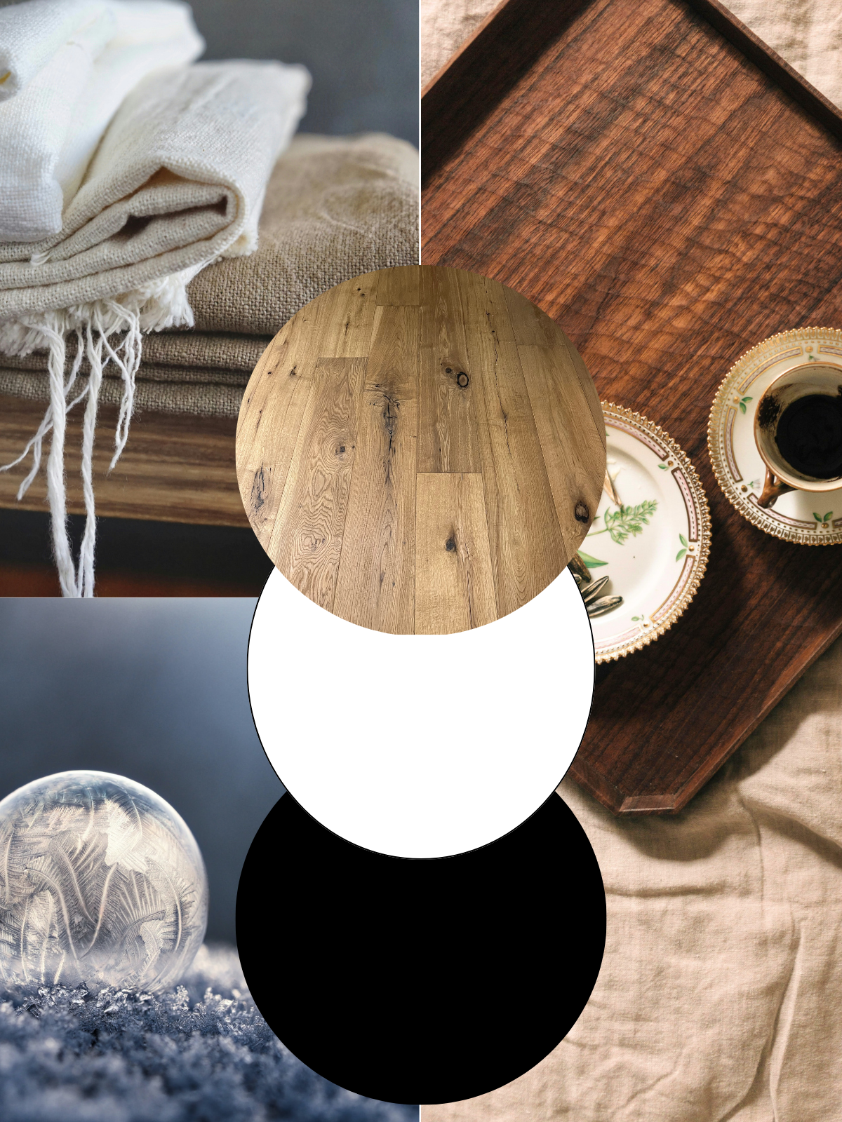mood board with wood tones, black and white paint, fabrics and glass globe