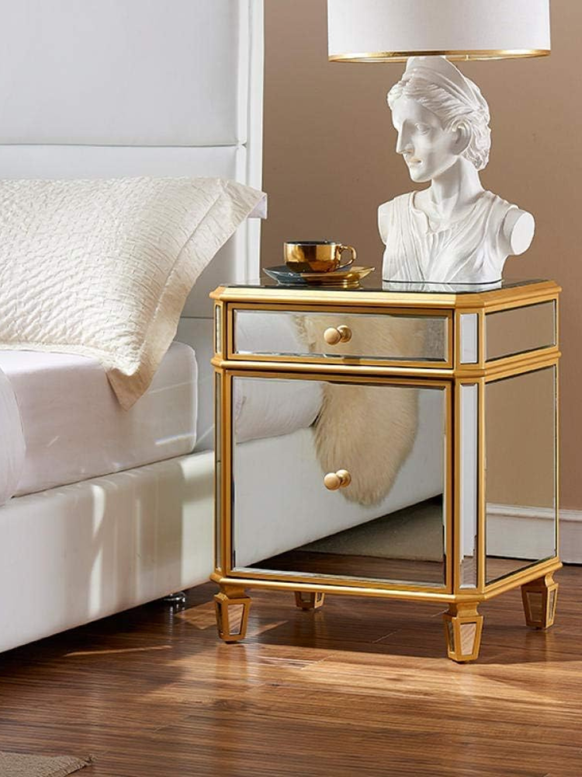 Mirrored Bedside Table Modern Coffee Tea Table Bedroom Night Stand Chest Drawers Locker Sofa Table Hall Way Living Room Office Narrow Table Home-Outfit_Champagne Silver