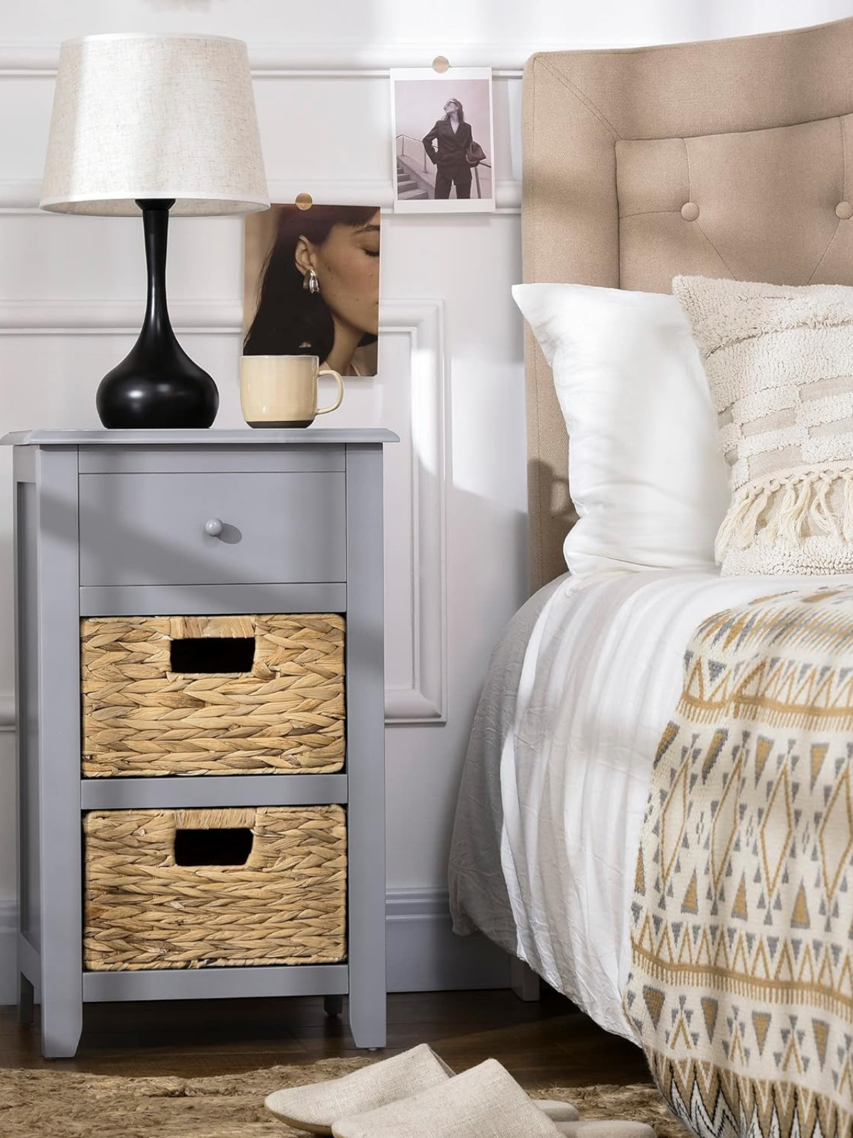 Side Table with Removable Woven Baskets and Drawer, End Table Bedside Table for Living Room, Bedroom, Gray