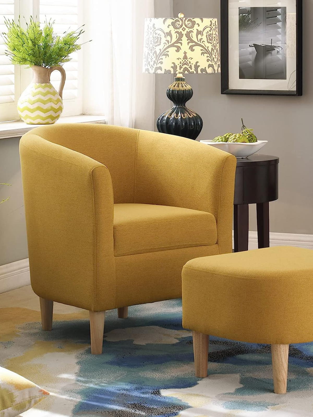 Modern Accent Chair, Upholstered Arm Chair Linen Fabric Single Sofa Chair with Ottoman Foot Rest Mustard Yellow Comfy Armchair for Living Room Bedroom Small Spaces Apartment Office