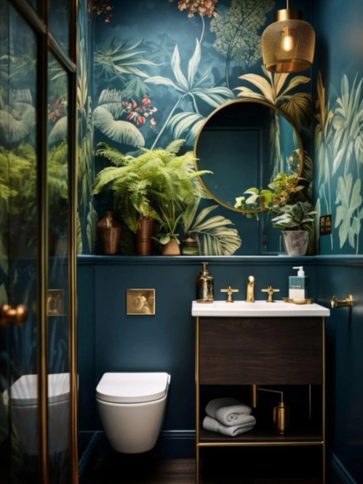powder room with bold tropical inspired wallcovering, toilet, vanity, round mirror and pendant light