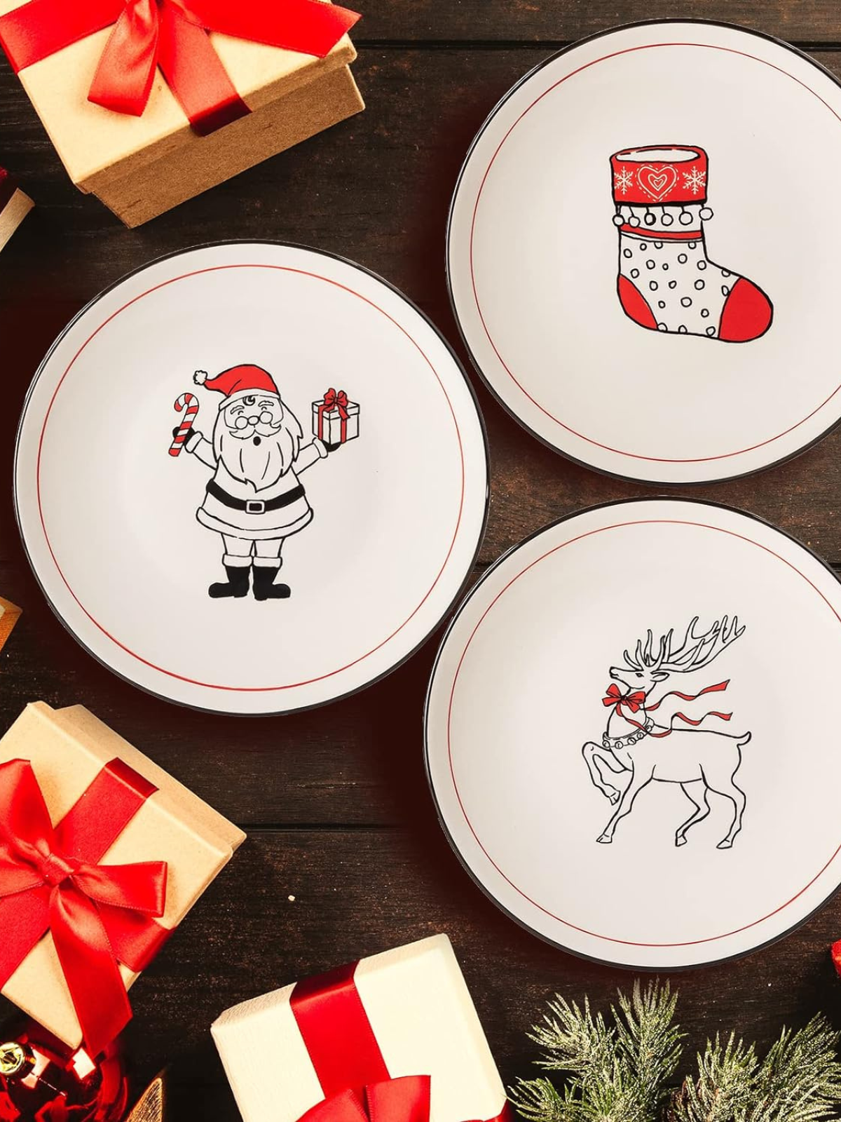 Christmas Plates Set of 6 – 8.5 Inch Christmas Theme Holiday Ceramic Salad/Dessert Plate, Ceramic Dinner Plates for Salad, Cake and Appetizer, Dishwasher and Microwave safe, Assorted Design