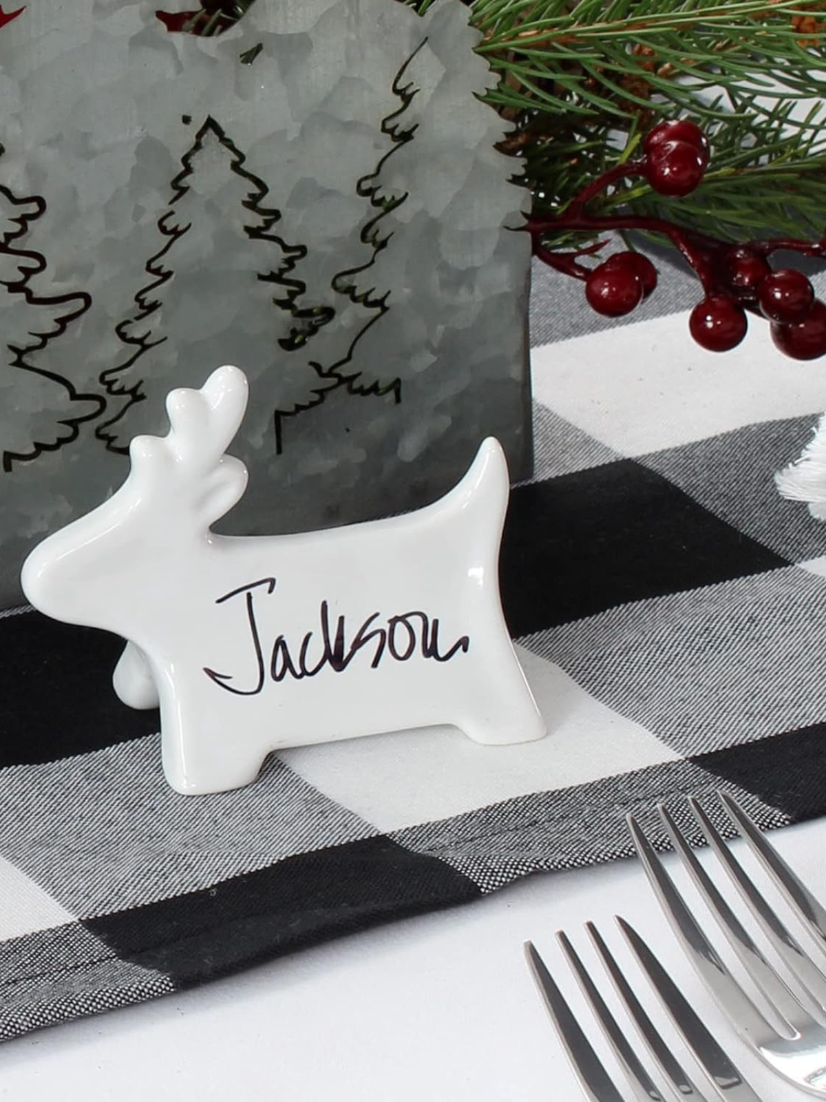 Reindeer Place Card Holders (12-Pack), Ceramic Reusable Write-On Wipe-Off Christmas Place Card Stands for Table