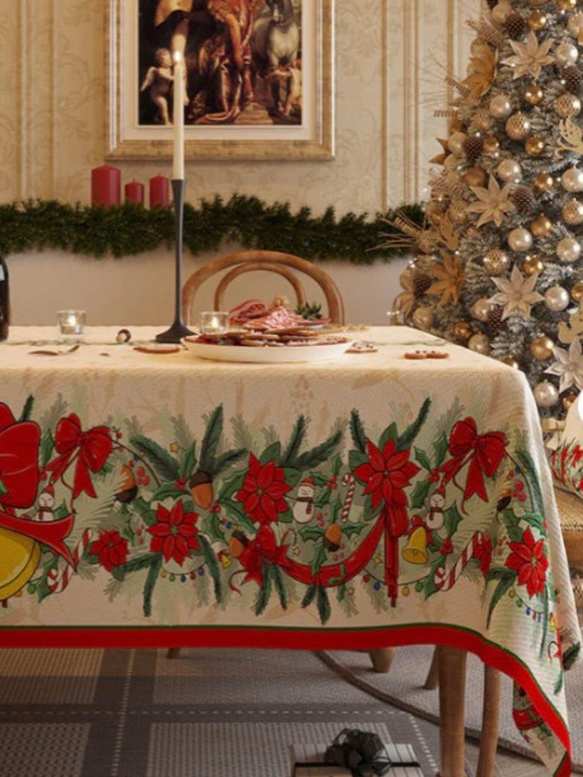 Green Leaves Cherry Floral Bell Christmas Tablecloth