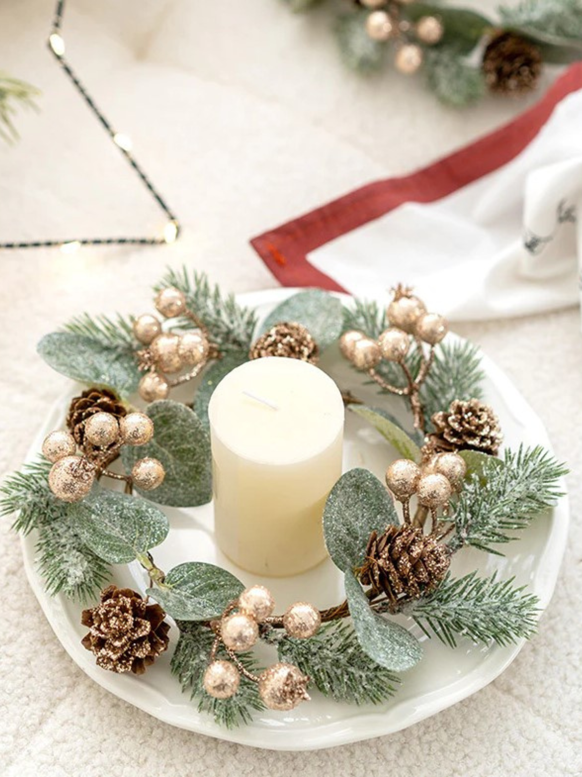 Artificial Pine Cone Berry Tabletop Candlestick Christmas Wreath Candle Holder Rings Xmas Centerpiece